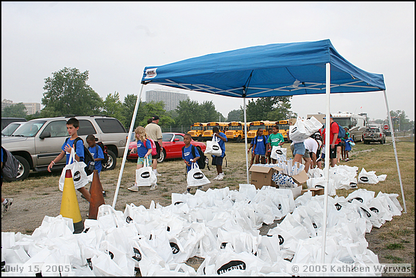 Goodie bags are handed out on the way in.